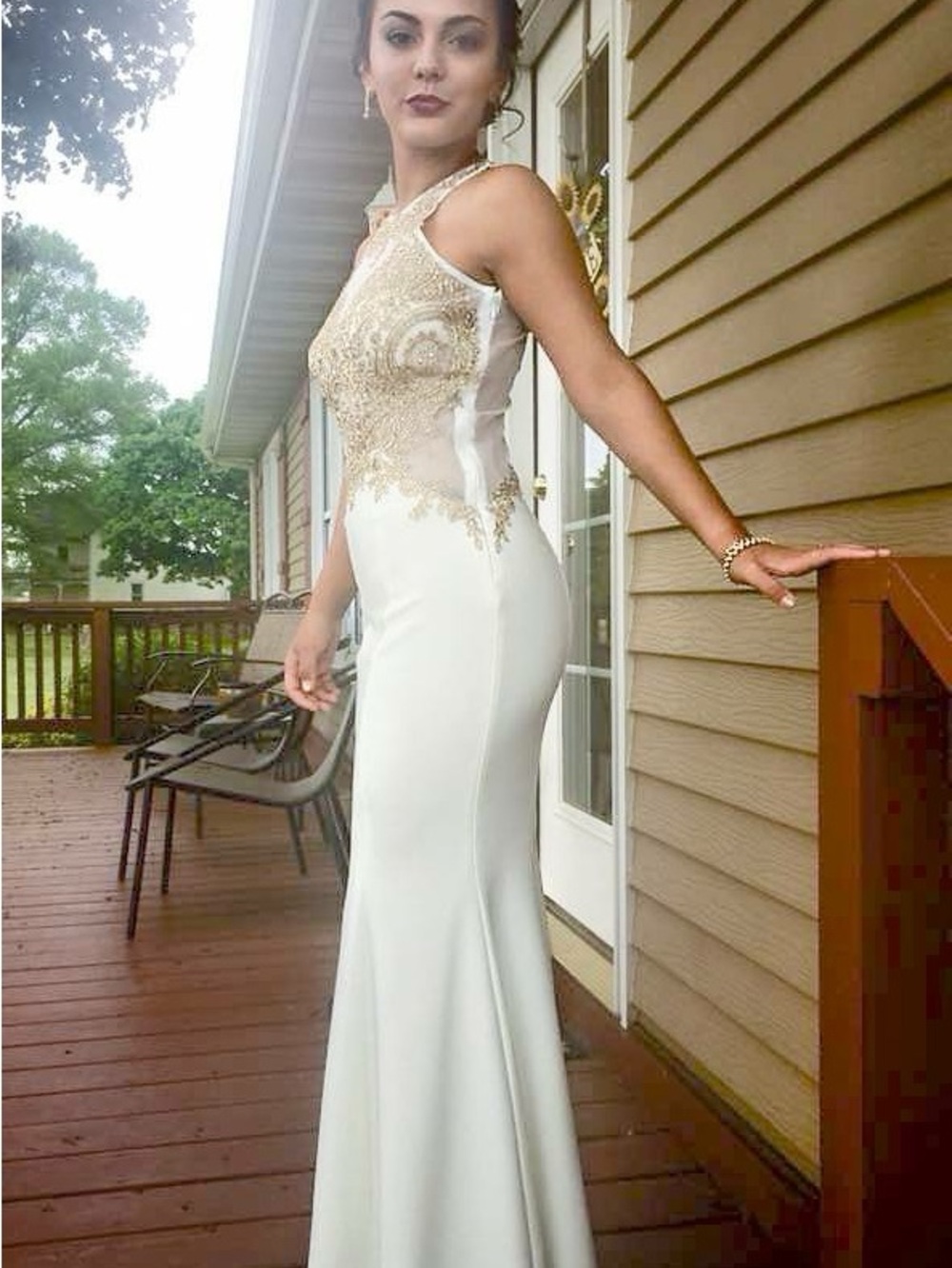 Ivory Prom Gown with Gold Beaded Bodice